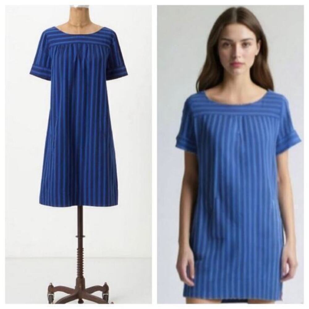 Anthropologie HD in Paris Cerulean Blue Striped Shift Dress pockets size 00